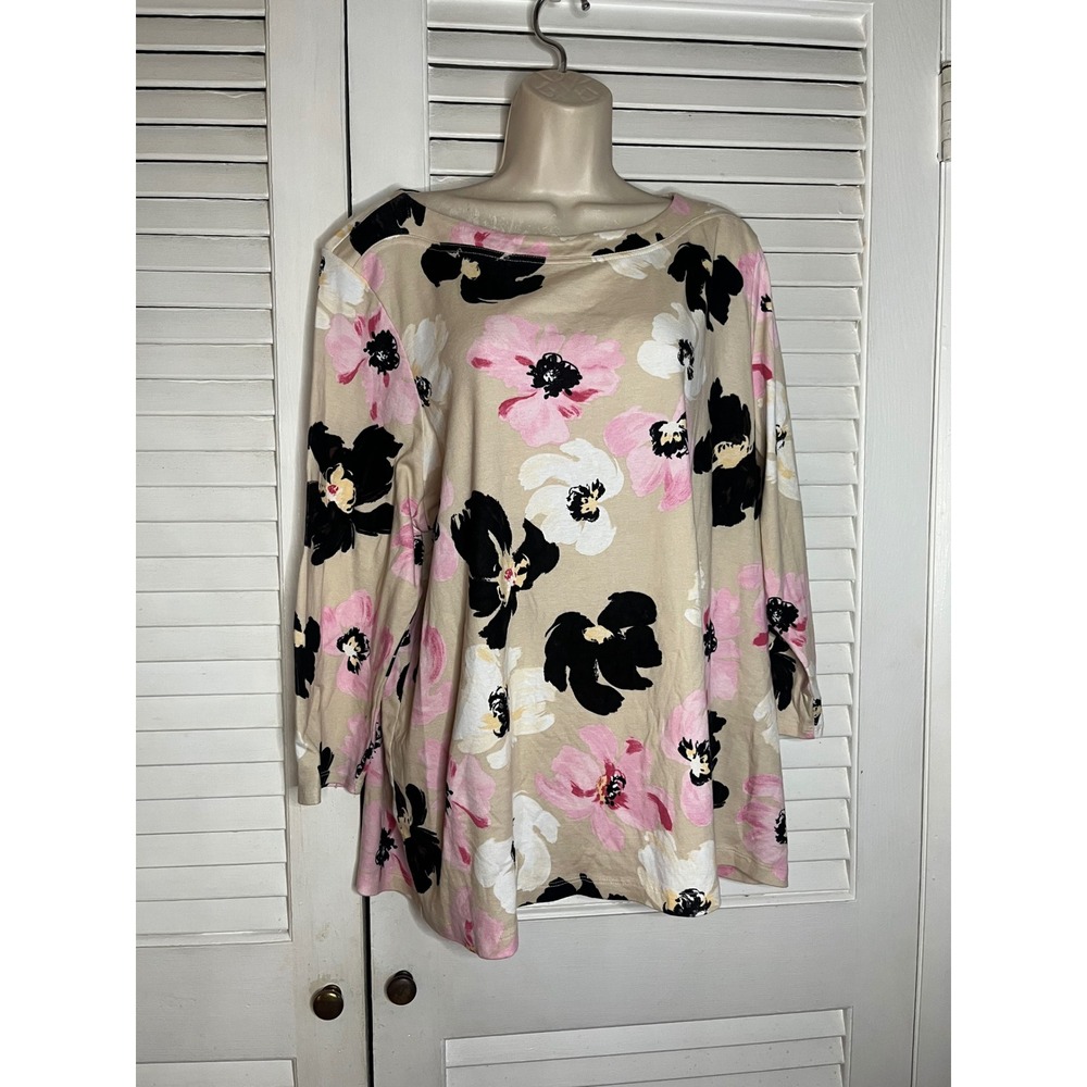 Chicos Pima Cotton Floral Boat Neck Top Tan Pink Black Size 4 XXL